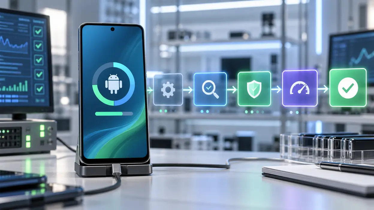 Mittelklasse-Smartphone in einem Labor für frühe Android-Update-Tests