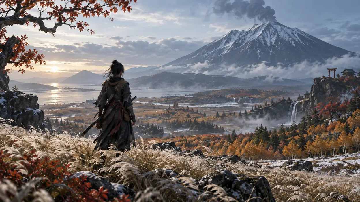 Originale Kriegerin in einer Landschaft des historischen Hokkaido