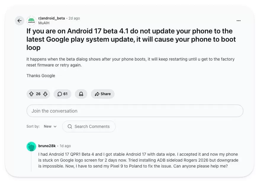 Android 17 Beta 4.1 sorgt bei Pixel-Nutzern für Bootloops