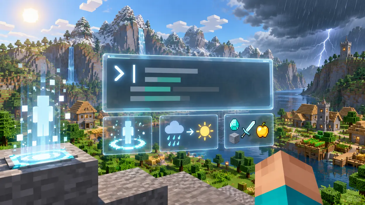 Voxel-Welt mit Befehlsfenster für Cheats, Wetter und Teleportation