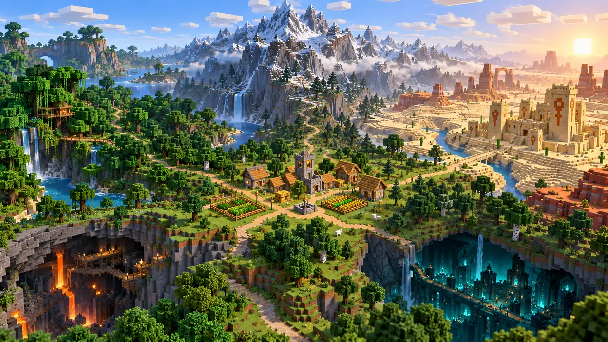 Abwechslungsreiche Voxel-Welt mit Dorf, Bergen, Wüste und Höhlensystem