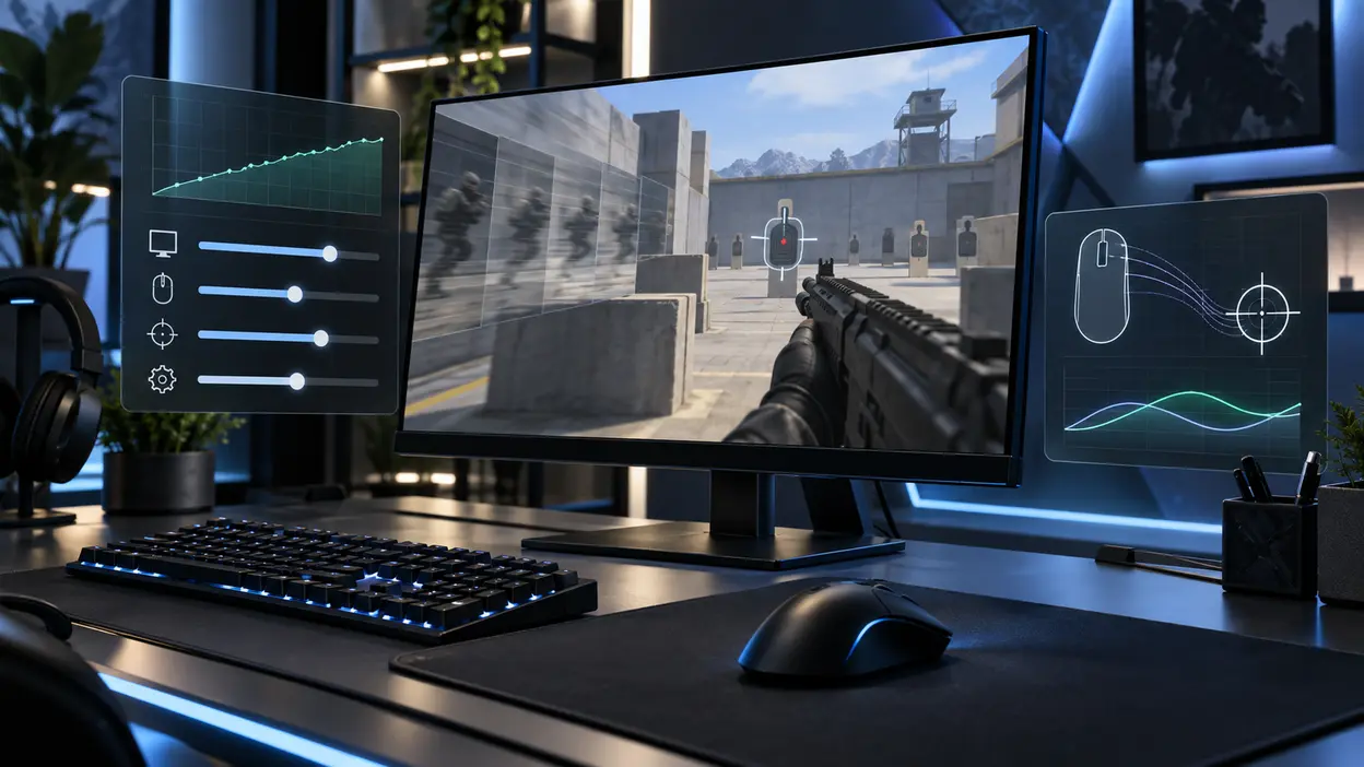 Gaming-PC mit optimierten Einstellungen für hohe FPS und präzises Aim