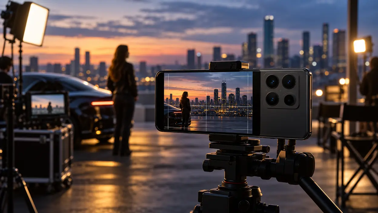 Premium-Smartphone auf einem Videografie-Rig bei einer Filmaufnahme
